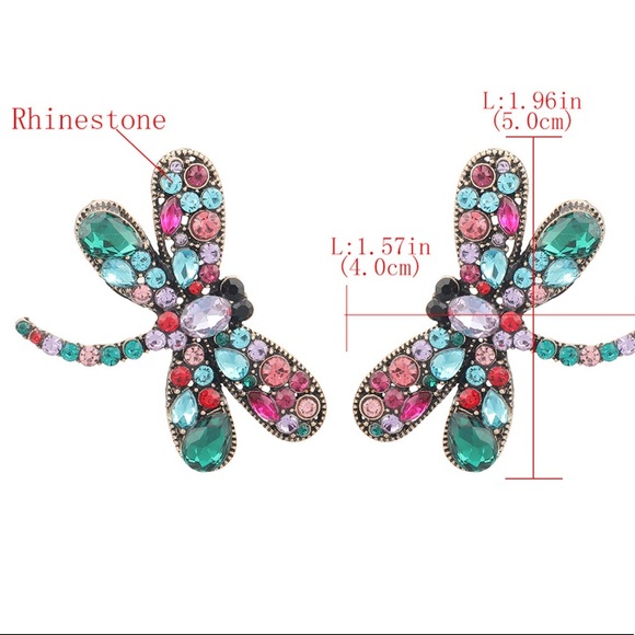 Colorful Rhinestone Dragonfly Earrings - Picture 3 of 7